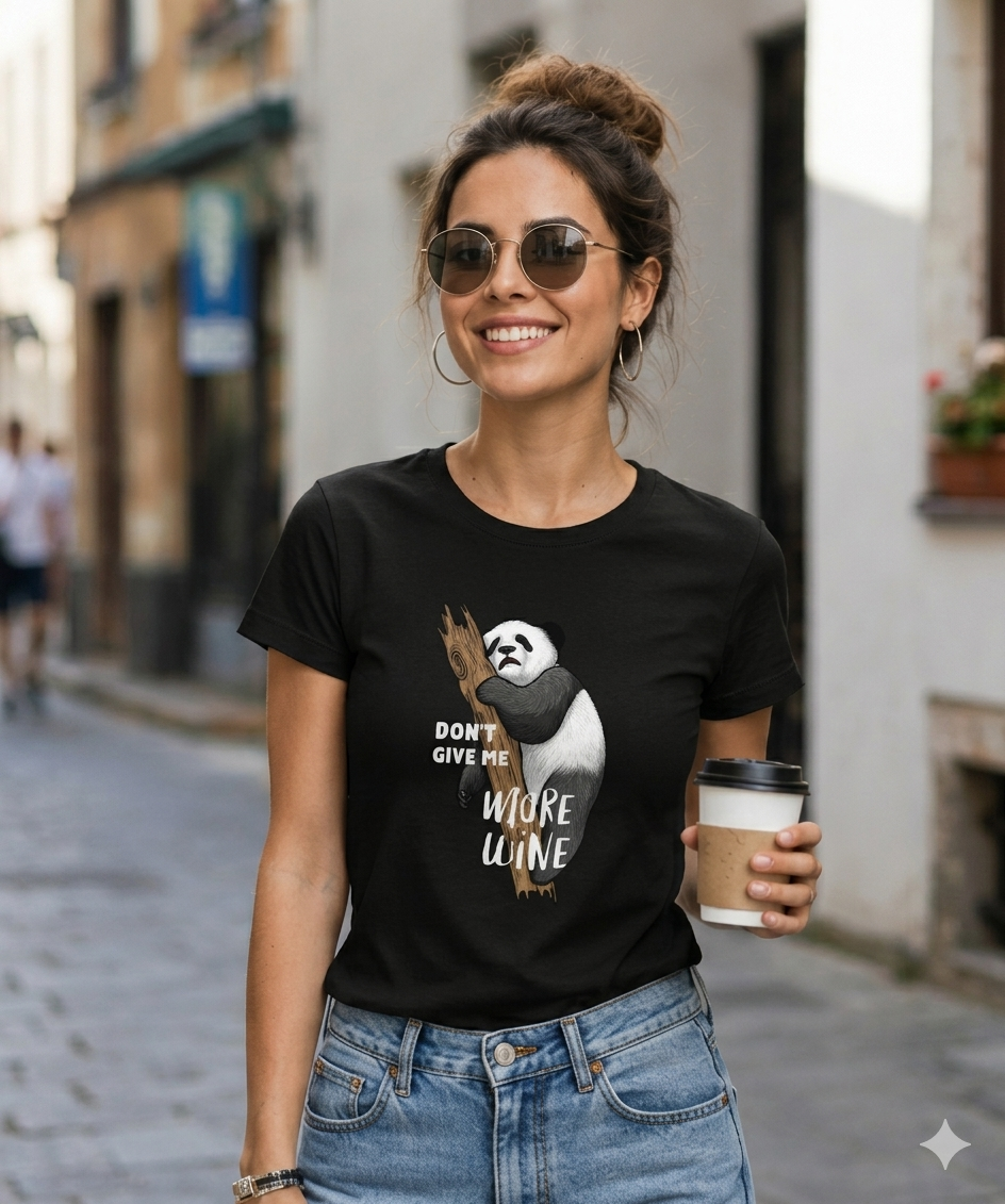 Funny Panda Graphic T-Shirt for Women | Don’t Give Me More Wine Printed Cotton Tee