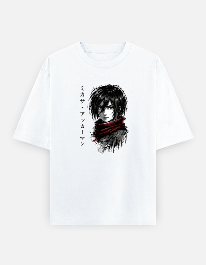 Oversized unisex Mikasa Ackerman Attack on Titan graphic T-shirt featuring manga artwork and signature red scarf