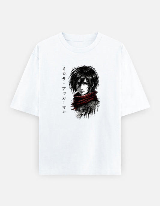 Oversized unisex Mikasa Ackerman Attack on Titan graphic T-shirt featuring manga artwork and signature red scarf