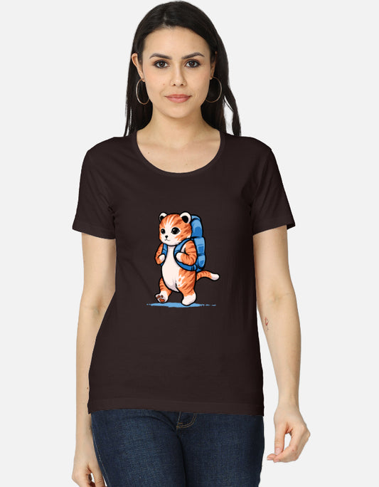 Adventure cat with backpack women’s regular fit cute cat graphic T-shirt