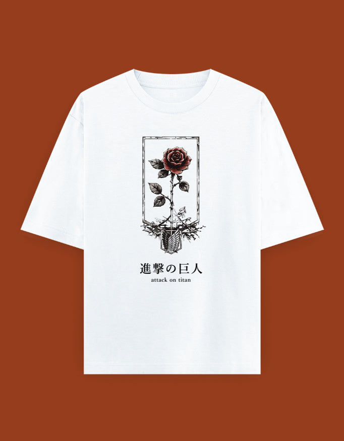 Unisex oversized Attack on Titan graphic T-shirt featuring rose artwork, winged emblem and Japanese 進撃の巨人 typography