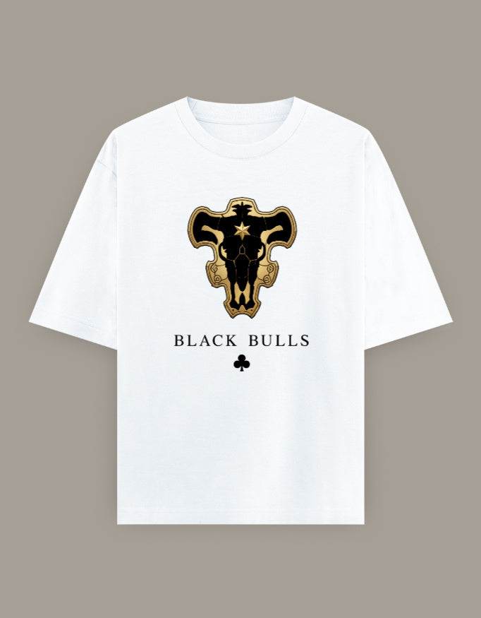 Black Bulls black and gold bull emblem printed on a white unisex oversized T-shirt