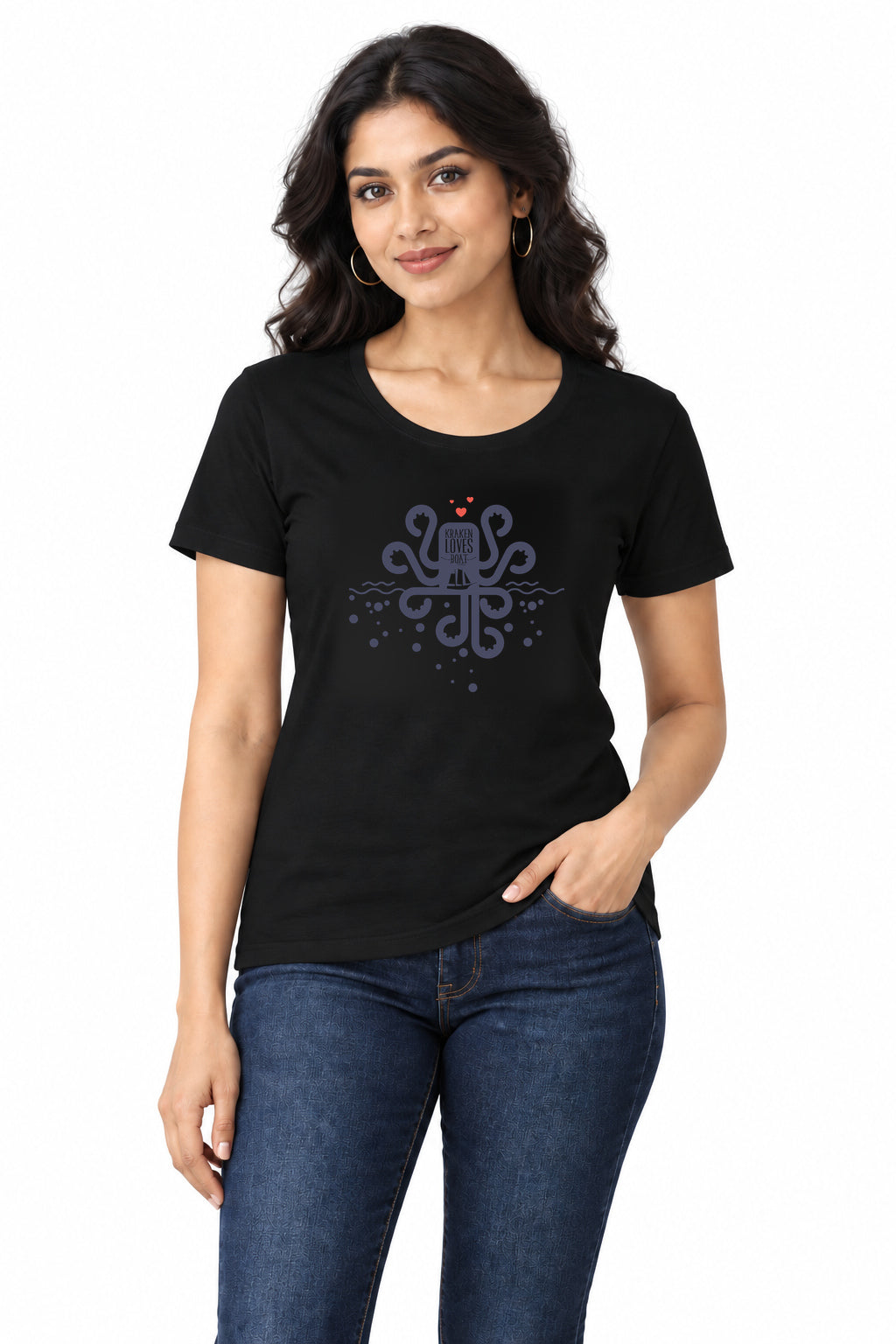 Kraken Loves Boat | Women’s Regular Fit Nautical Graphic T-Shirt
