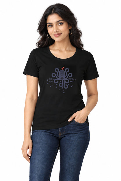 Kraken Loves Boat | Women’s Regular Fit Nautical Graphic T-Shirt