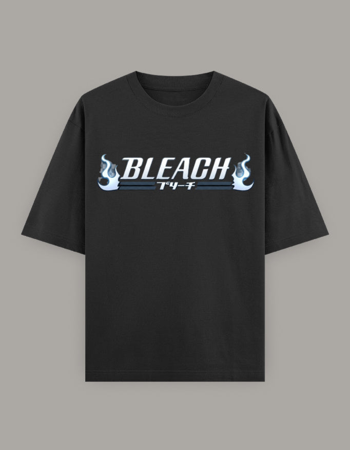 Bleach blue flame logo printed on a black unisex oversized T-shirt