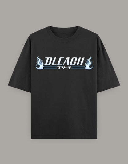 Bleach blue flame logo printed on a black unisex oversized T-shirt