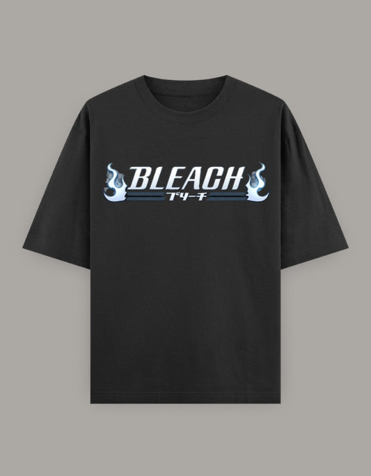 Bleach blue flame logo printed on a black unisex oversized T-shirt