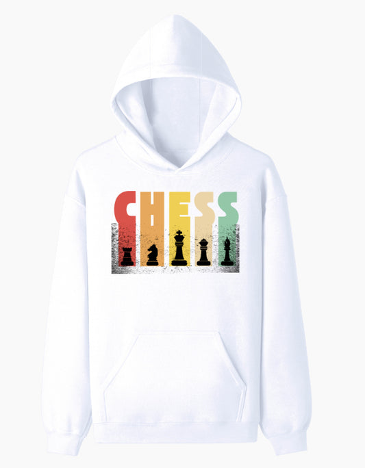 CHESS typography and chess pieces regular fit unisex graphic hoodie