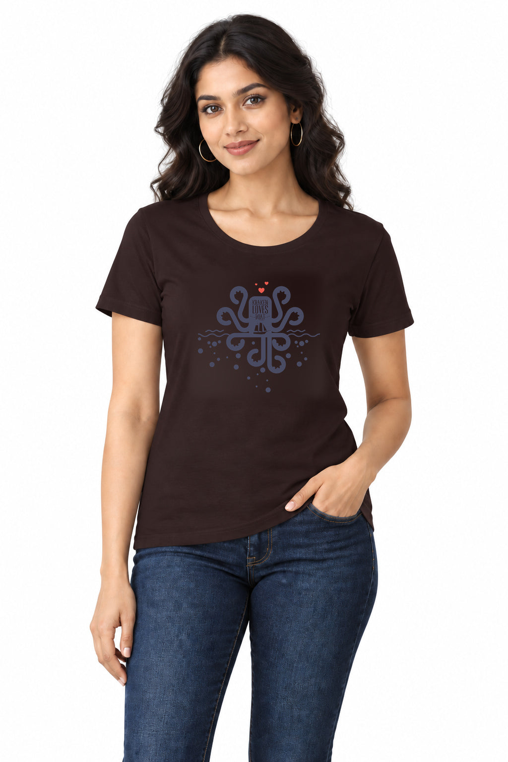 Kraken Loves Boat | Women’s Regular Fit Nautical Graphic T-Shirt