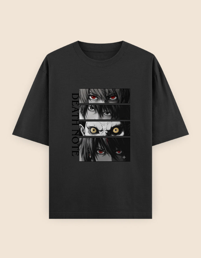 Death Note Light Yagami L and Ryuk eyes collage on an oversized unisex anime T-shirt