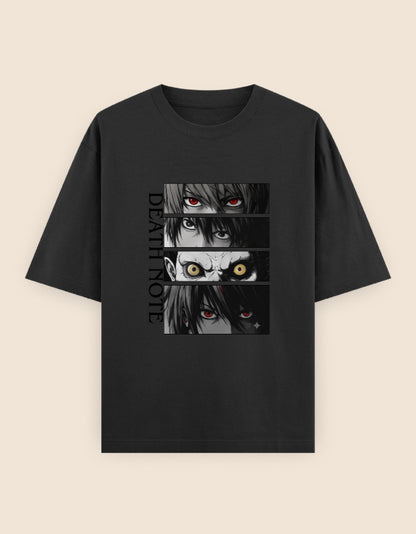 Death Note Light Yagami L and Ryuk eyes collage on an oversized unisex anime T-shirt