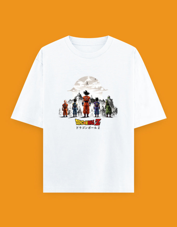 Dragon Ball Z warrior lineup featuring Goku Vegeta Gohan Piccolo and Krillin on an oversized unisex anime T-shirt