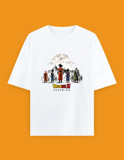 Dragon Ball Z warrior lineup featuring Goku Vegeta Gohan Piccolo and Krillin on an oversized unisex anime T-shirt
