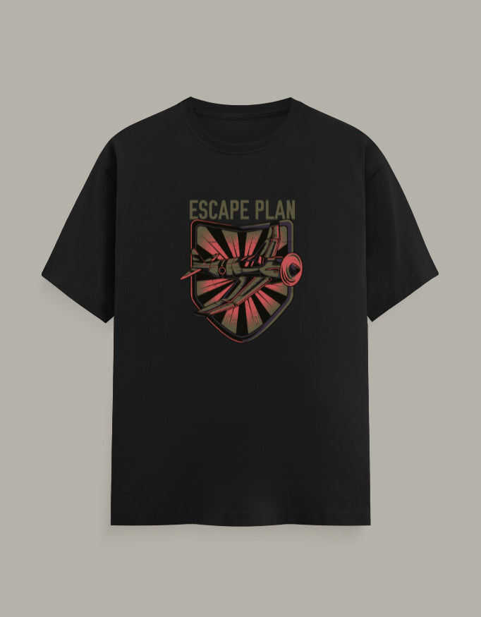 Black regular fit T-shirt with Escape Plan aviation jet graphic and vintage aircraft design