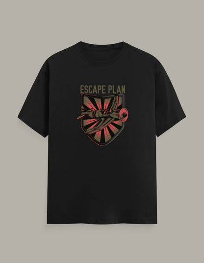 Black regular fit T-shirt with Escape Plan aviation jet graphic and vintage aircraft design
