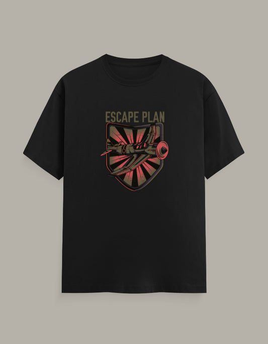 Black regular fit T-shirt with Escape Plan aviation jet graphic and vintage aircraft design