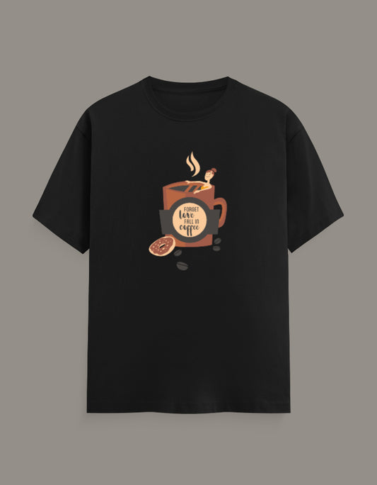 Black regular fit T-shirt featuring a coffee mug, donut, coffee beans and Forget Love Fall in Coffee graphic