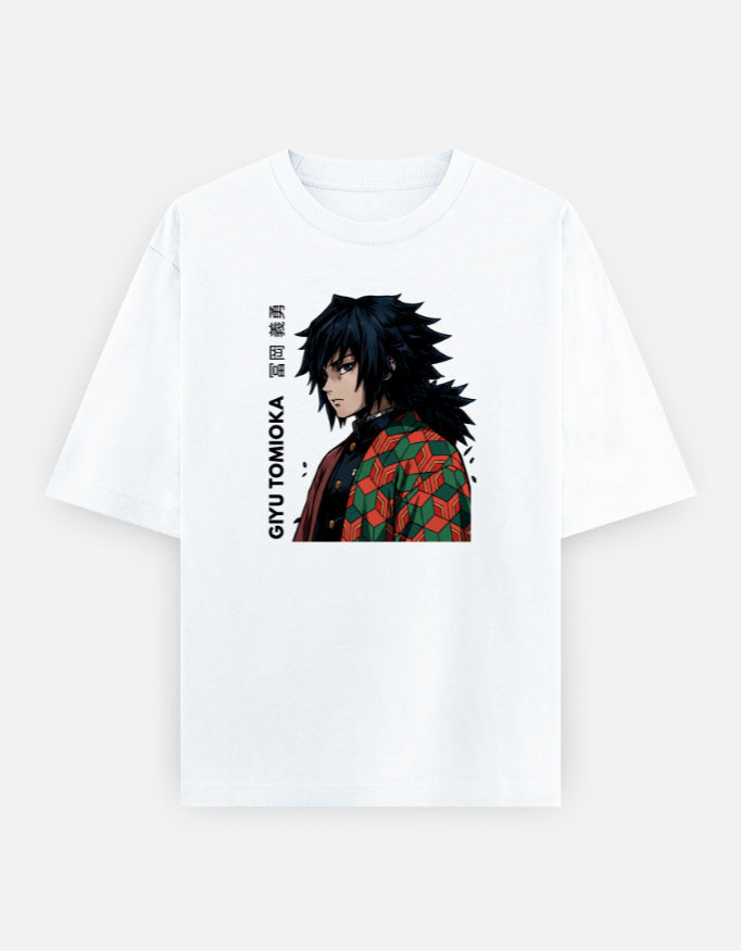 Giyu Tomioka Water Hashira graphic on an oversized unisex Demon Slayer T-shirt