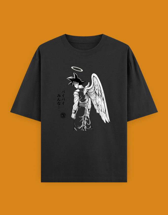 Goku farewell artwork with halo wings and Japanese バイバイみんな typography on an oversized unisex Dragon Ball Z T-shirt