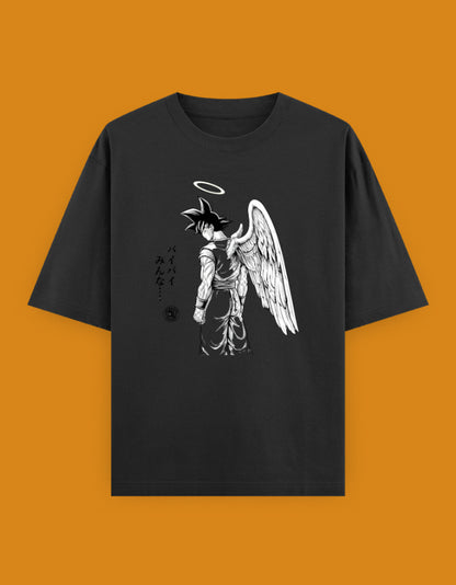 Goku farewell artwork with halo wings and Japanese バイバイみんな typography on an oversized unisex Dragon Ball Z T-shirt