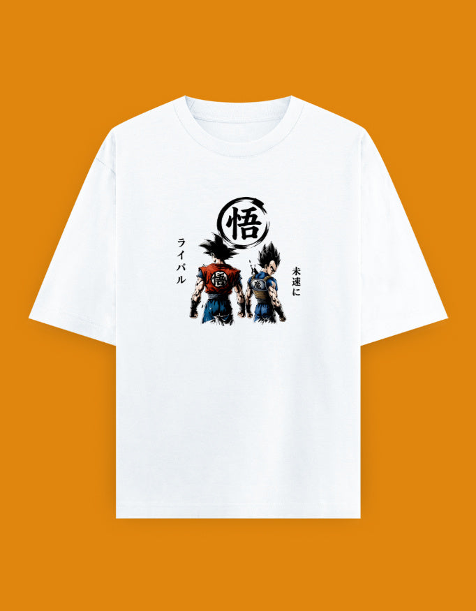 Goku and Vegeta rivalry graphic with Japanese typography on an oversized unisex Dragon Ball T-shirt