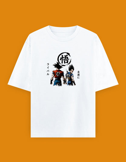 Goku and Vegeta rivalry graphic with Japanese typography on an oversized unisex Dragon Ball T-shirt