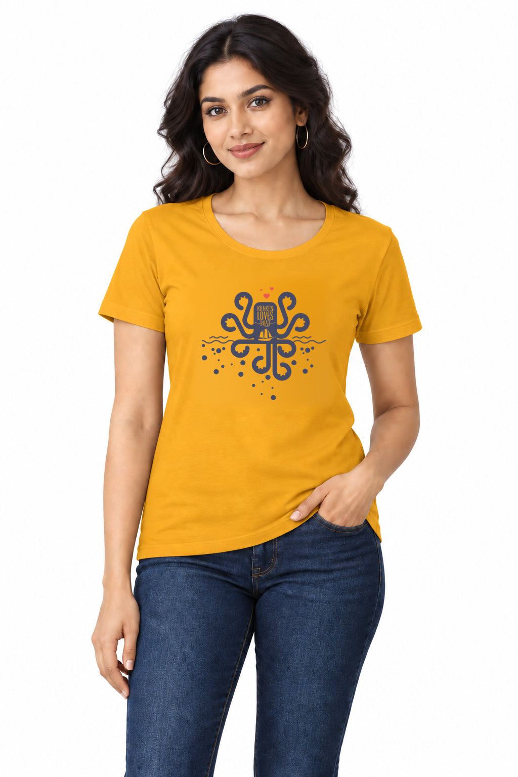 Kraken Loves Boat | Women’s Regular Fit Nautical Graphic T-Shirt