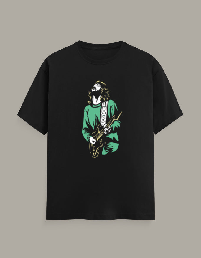 Black regular fit T-shirt with guitarist playing an electric guitar in a vintage rock music graphic