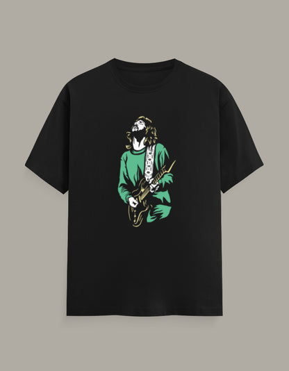 Black regular fit T-shirt with guitarist playing an electric guitar in a vintage rock music graphic