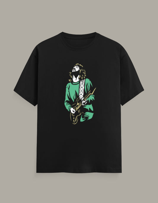 Black regular fit T-shirt with guitarist playing an electric guitar in a vintage rock music graphic