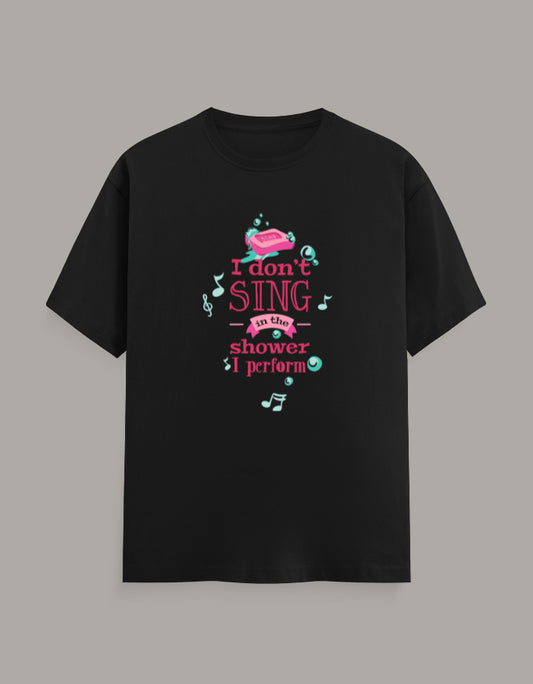 Black regular fit T-shirt with colourful microphone, musical notes and I Don’t Sing in the Shower I Perform graphic
