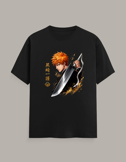 Ichigo Kurosaki holding Zangetsu sword printed on a black unisex regular fit T-shirt