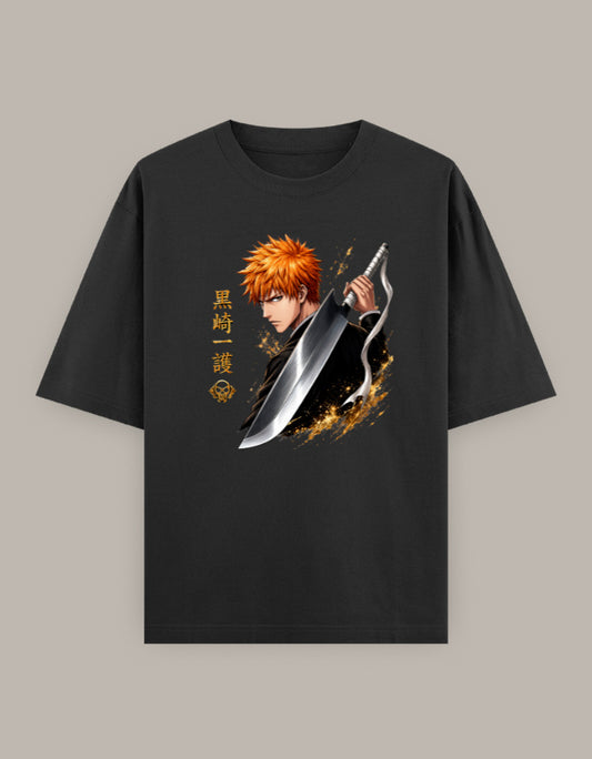 Ichigo Kurosaki holding Zangetsu sword printed on a black unisex oversized T-shirt