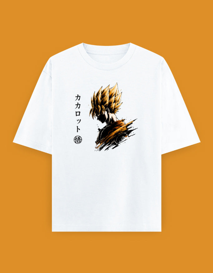 Kakarot Super Saiyan Goku portrait with Japanese lettering on an oversized unisex Dragon Ball Z T-shirt