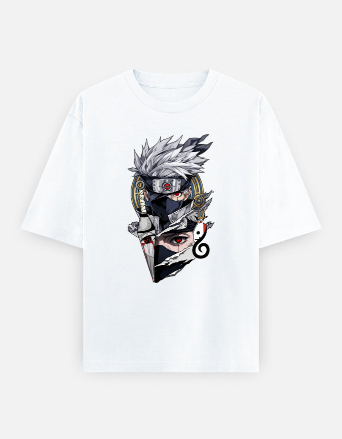 Unisex oversized Kakashi Hatake Naruto graphic T-shirt featuring Sharingan eye, silver hair and ninja mask artwork
