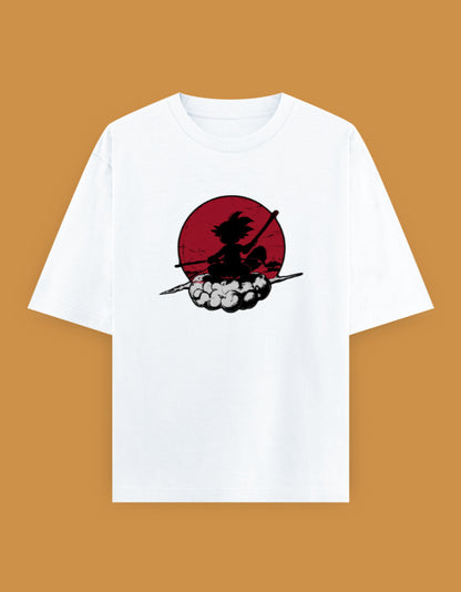 Kid Goku riding Flying Nimbus with Power Pole on an oversized unisex Dragon Ball T-shirt