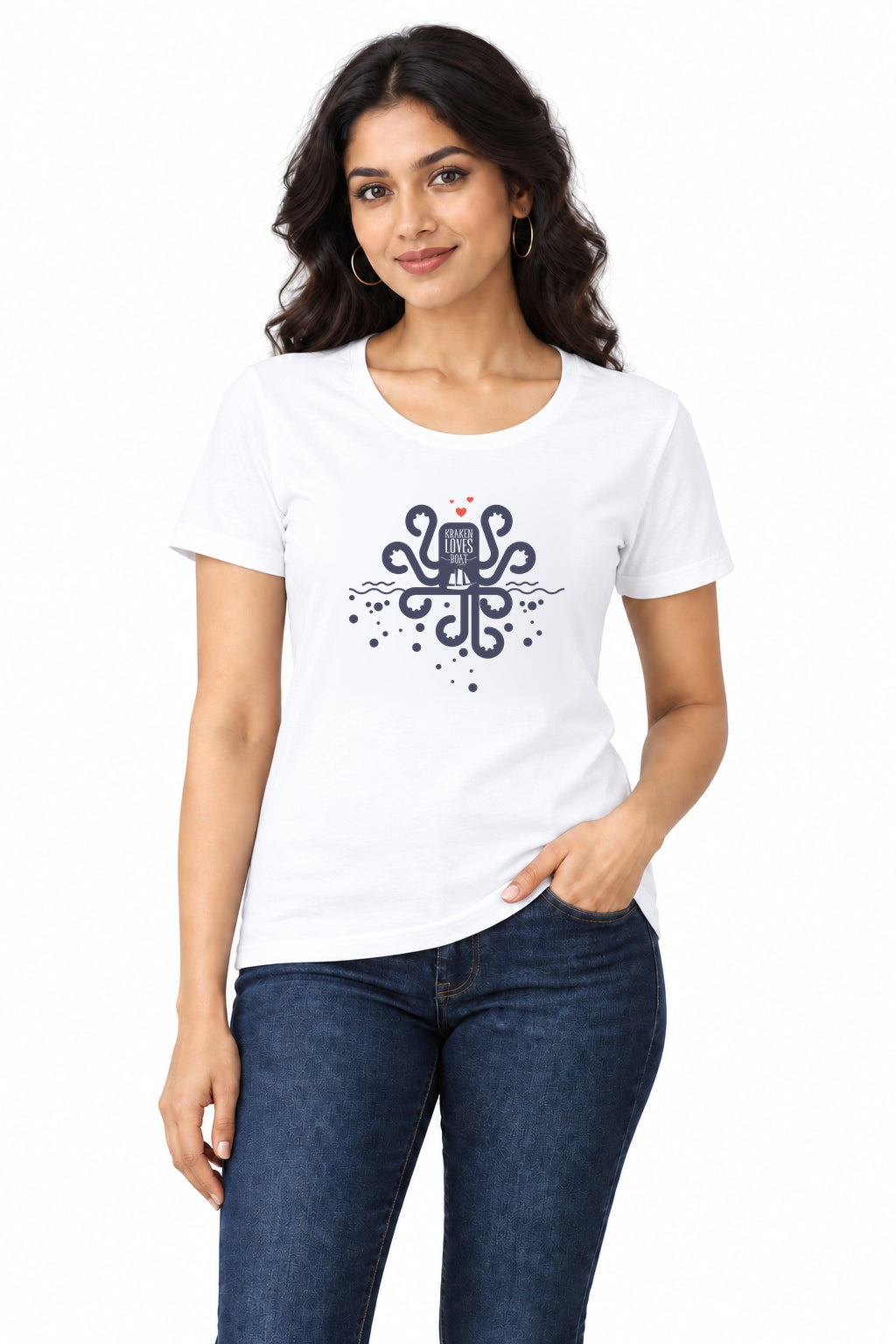 Kraken Loves Boat women’s regular fit nautical graphic T-shirt with sailing boat and Kraken