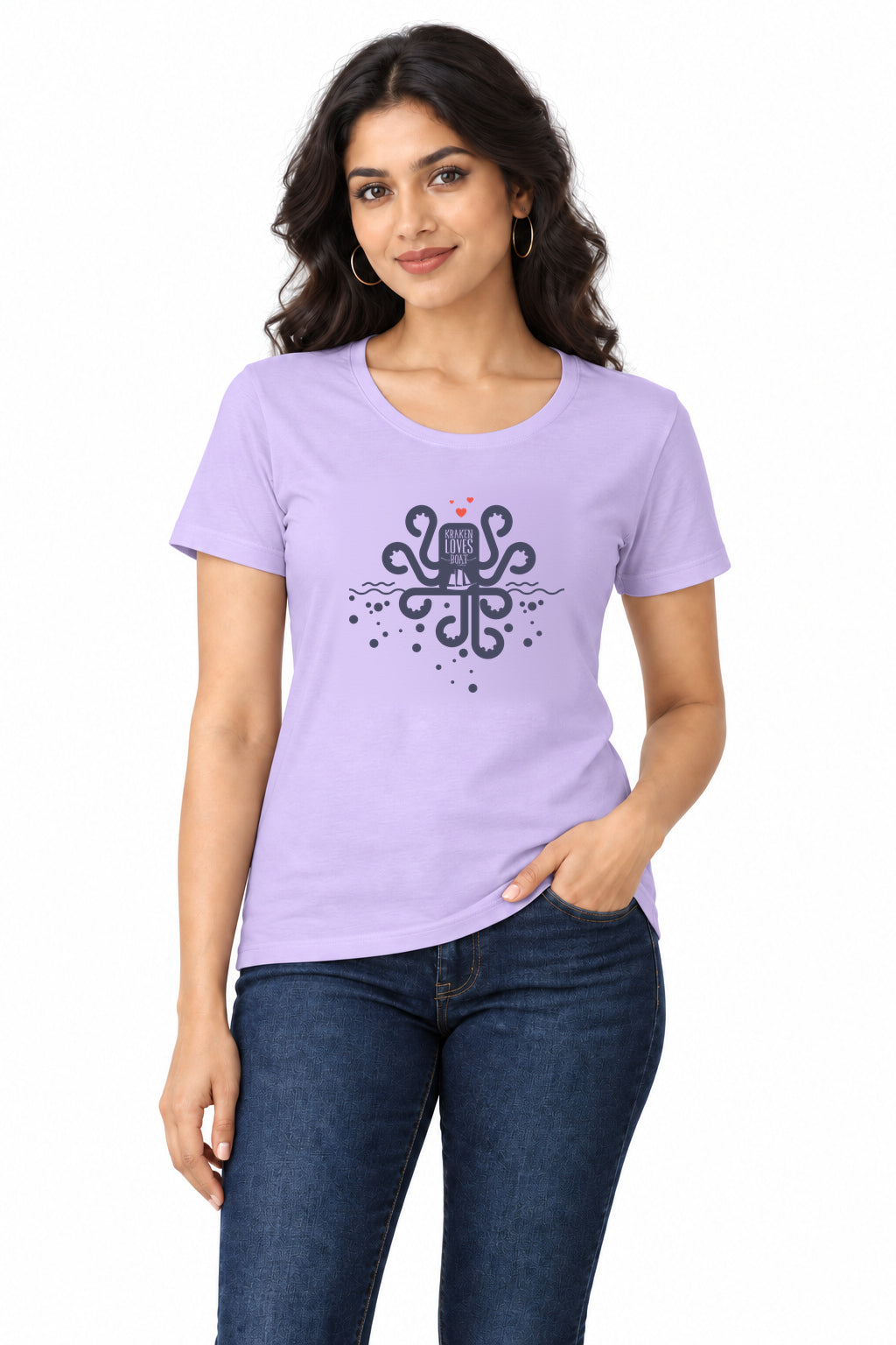 Kraken Loves Boat | Women’s Regular Fit Nautical Graphic T-Shirt