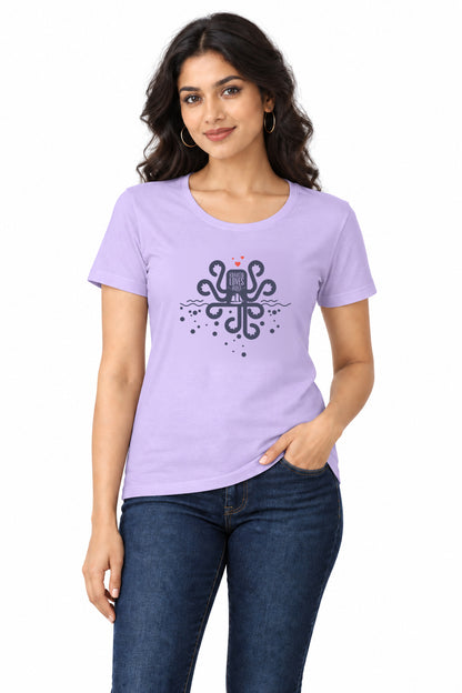 Kraken Loves Boat | Women’s Regular Fit Nautical Graphic T-Shirt