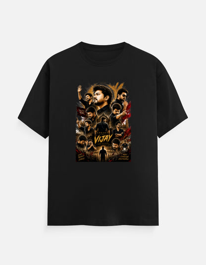 Legacy graphic T-shirt with detailed collage-style portrait artwork and “LEGACY VIJAY” typography