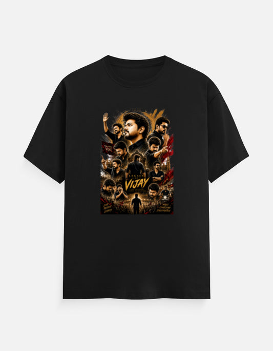 Legacy graphic T-shirt with detailed collage-style portrait artwork and “LEGACY VIJAY” typography