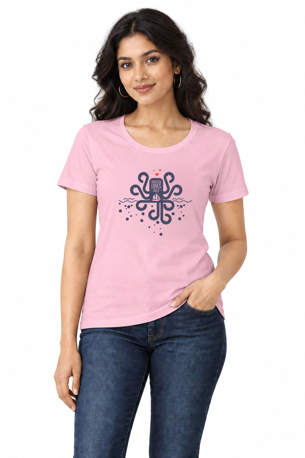 Kraken Loves Boat | Women’s Regular Fit Nautical Graphic T-Shirt