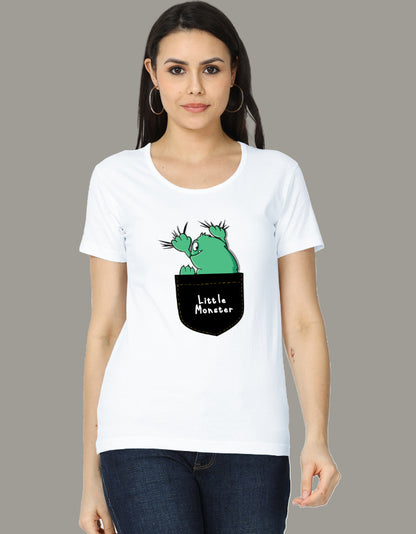 Little Monster green cartoon pocket graphic women's regular fit T-shirt