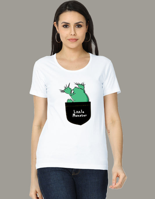 Little Monster green cartoon pocket graphic women's regular fit T-shirt