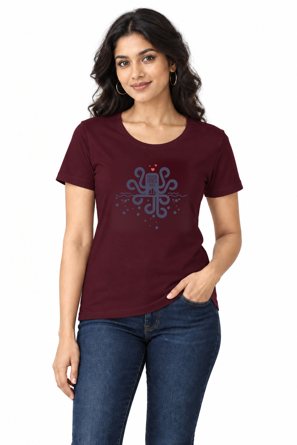 Kraken Loves Boat | Women’s Regular Fit Nautical Graphic T-Shirt