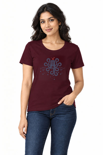 Kraken Loves Boat | Women’s Regular Fit Nautical Graphic T-Shirt