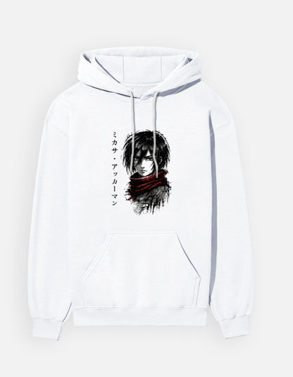 Unisex Mikasa Ackerman Attack on Titan graphic hoodie featuring manga portrait, red scarf and Japanese name typography