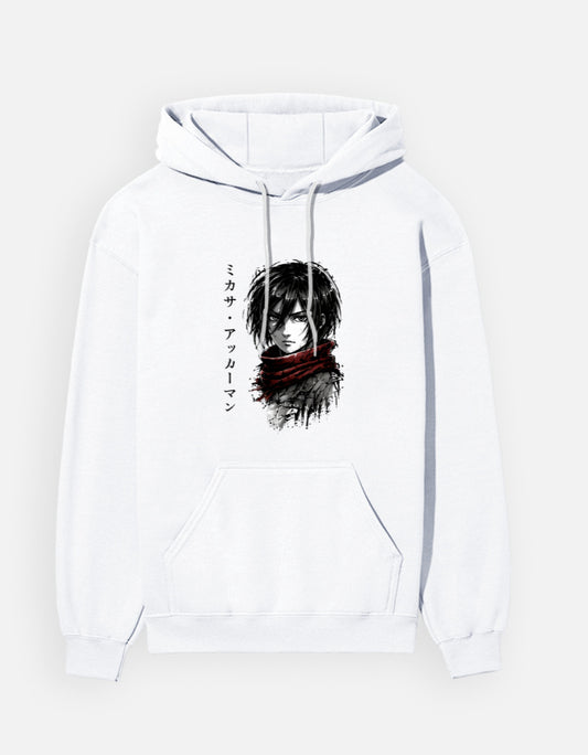 Unisex Mikasa Ackerman Attack on Titan graphic hoodie featuring manga portrait, red scarf and Japanese name typography