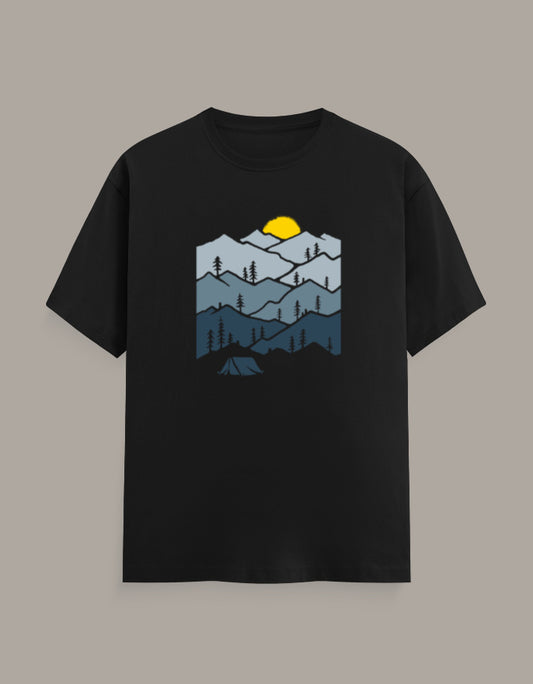 Black regular fit T-shirt with layered mountain, pine tree, yellow sun and camping tent graphic