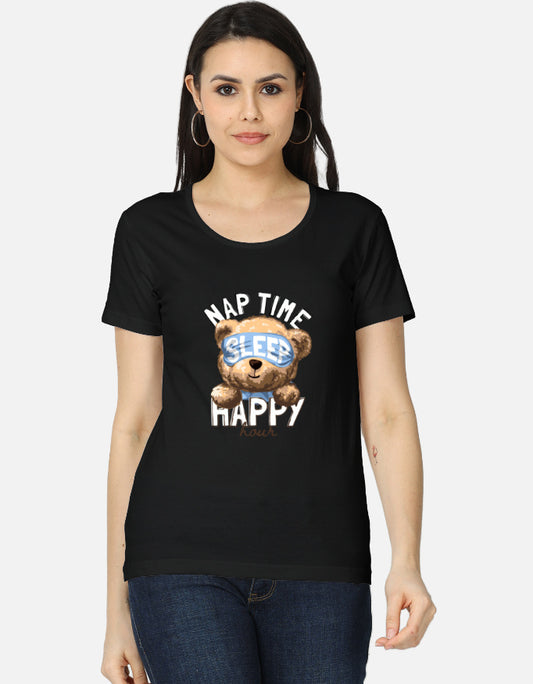 Nap Time Happy Hour cute teddy bear women’s regular fit graphic T-shirt